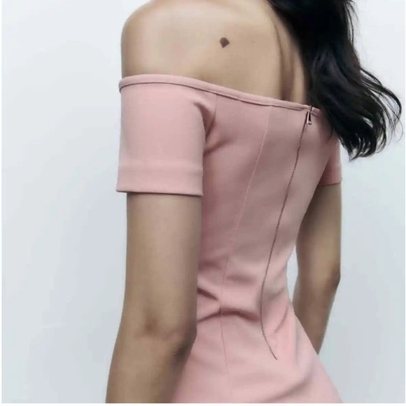 ZARA Off Shoulder TOPSTITCHED MIDI DRESS PALE PINK - Picture 9 of 13